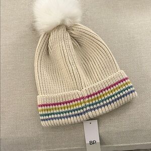 New Nordstrom BP Striped Fur Puff Ball Beanie Hat